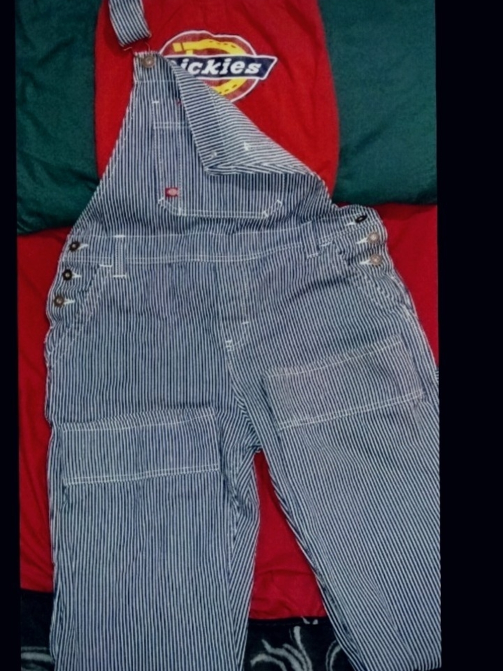 Dickies Oversized Blue and White Striped Overalls Size L+Red Dickies Tube top- M
